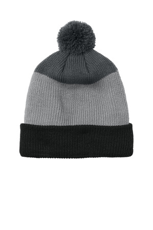 Port Authority ® Cozy Striped Pom Beanie C979 — Deep Black/ Gusty Grey/ Storm Grey