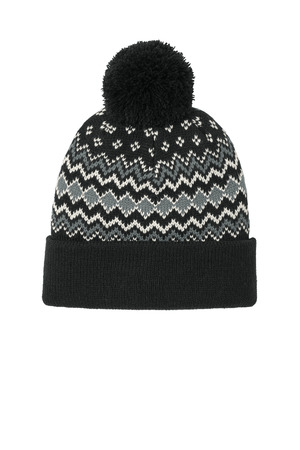 Port Authority ® Alpine Pom Beanie C991 — Deep Black/ Gusty Grey/ Marshmallow