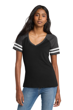 District ® Women's Game V-Neck Tee. DM476 — Black/ Heathered Charcoal