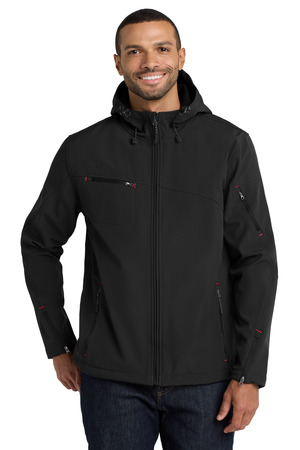 Port Authority ® Textured Hooded Soft Shell Jacket. J706 — Black/ Engine Red