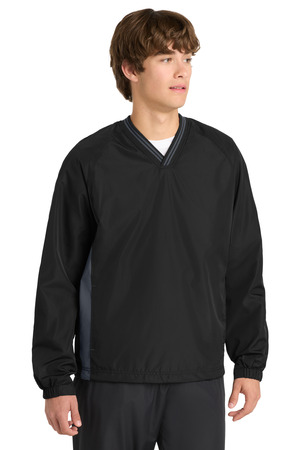 Sport-Tek ® Tipped V-Neck Raglan Wind Shirt. JST62 — Black/ Graphite