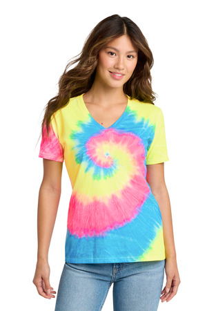 Port & Co ® Women's Tie-Dye V-Neck Tee. LPC147V — Neon Rainbow