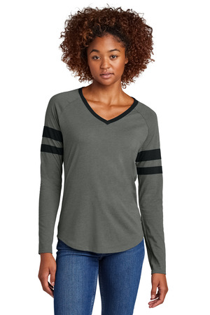 Sport-Tek ® Women's Halftime Stripe Long Sleeve V-Neck Tee LST6043 — Black/ Vintage Heather