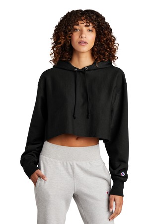 Champion ® Women's Reverse Weave ® Cropped Cut-Off Hooded Sweatshirt RW01W — Black