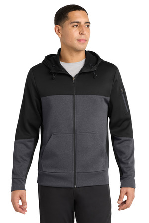 Sport-Tek ® Tech Fleece Colorblock Full-Zip Hooded Jacket. ST245 — Black/ Graphite Heather/ Black