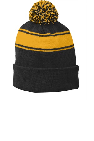 Sport-Tek ® Stripe Pom Pom Beanie. STC28 — Black/ Gold